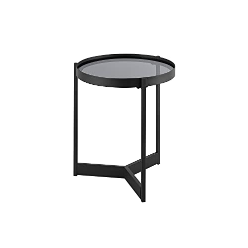 Contemporary Smoked Glass-top Side Table Black Industrial Modern Round Metal