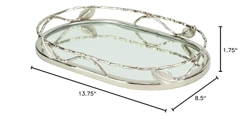 Oval Mirror Tray with Leaf Border 3.75 X 8.5 in Silver Solid Stainless Steel