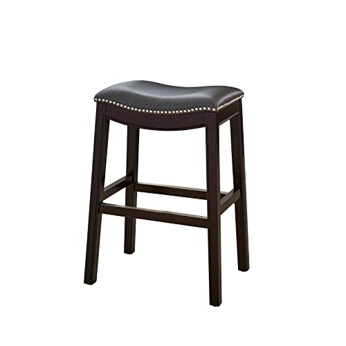 Counter Height Barstool with Grey Leather Seat Brown Modern Contemporary Wood