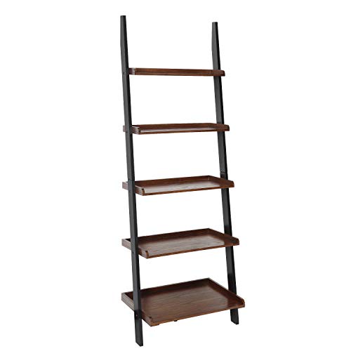 6ft Leaning Bookcase Ladder Shelf Wood 5 Tier Bookshelf Tilted