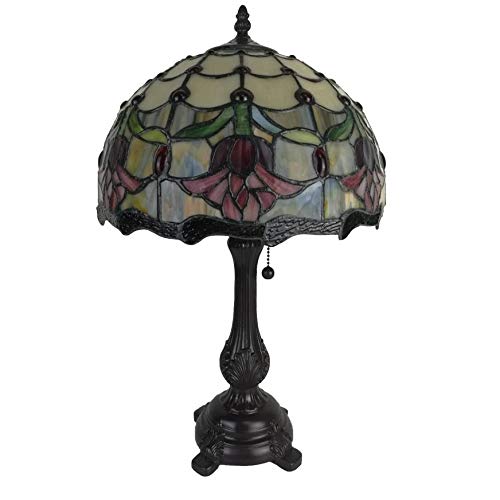 Tiffany Style Table Lamp Banker 19" Tall Stained Glass Red Yellow White Floral