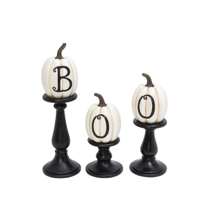 Farbo Set of Three Resn/Stone Lettered Whte Pumpkns on candleholders Large