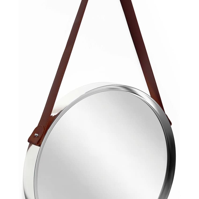 Decorative Silver 18 Inch Mirror with Frame and Hanging Strap Brown/Silver