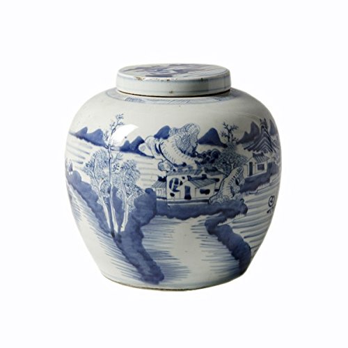 Asian Traditional And Decorative Blue & White Ancestor Jar w/ Landscape Design