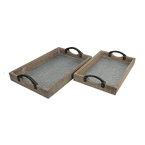 Set of 2 Wood Frame Tray with Galvanized Base and Cast Iron Handles Brown Grey