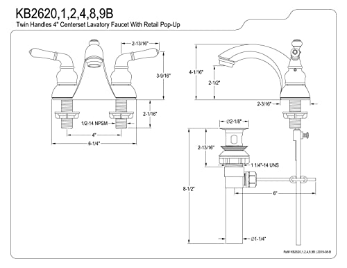 Kingston Brass KB2628B Naples 4-Inch Centerset Lavatory Faucet Brass Pop-Up Brushed Nickel