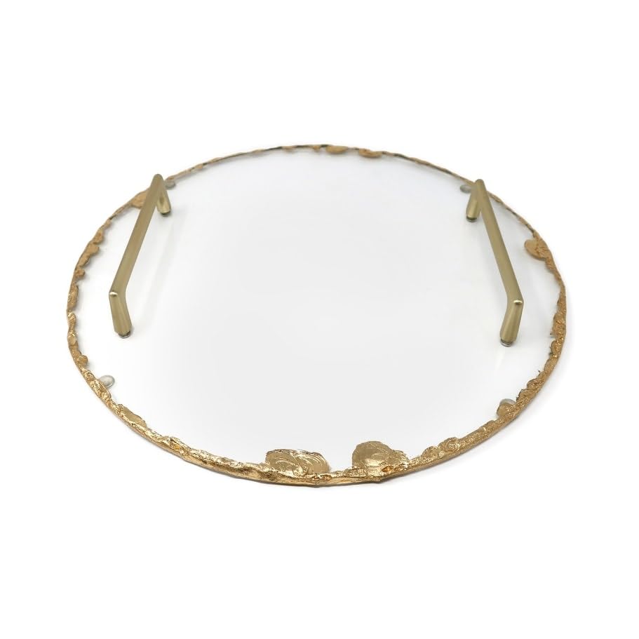 Round Glass Tray with Gold Rim and Handles-13 d 13" d Round - Gold