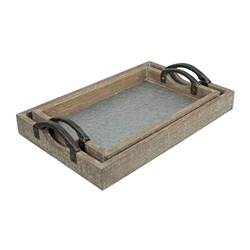 Set of 2 Wood Frame Tray with Galvanized Base and Cast Iron Handles Brown Grey