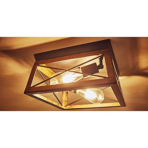 2 Light Farmhouse Flush Mount Ceiling 12"x12"x6" Black Metal Dimmable - Diamond Home USA