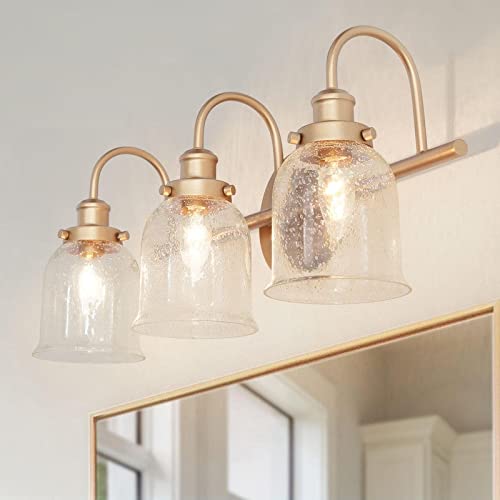 Modern Gold 3-Light Bell-Shaped Vanity Light Seeded Glass Wall Sconces Deep L