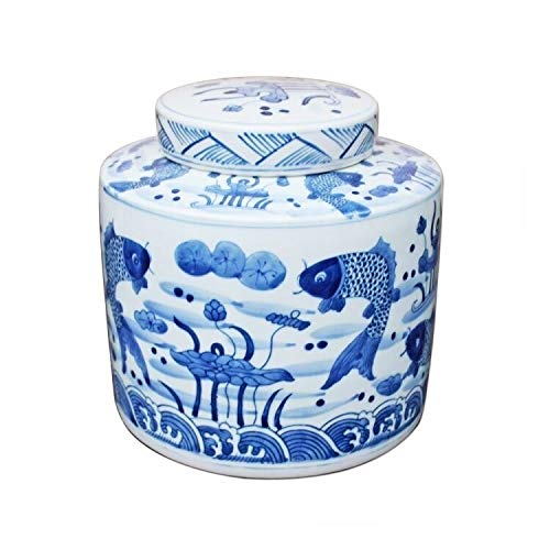 Handmade Fish Cylinder Tea Jar Blue Porcelain Handcrafted Outdoor Use Waterproof