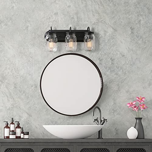 Farmhouse Bathroom 3-light Black Vanity Light Fixture with Mason Jar 19" l X