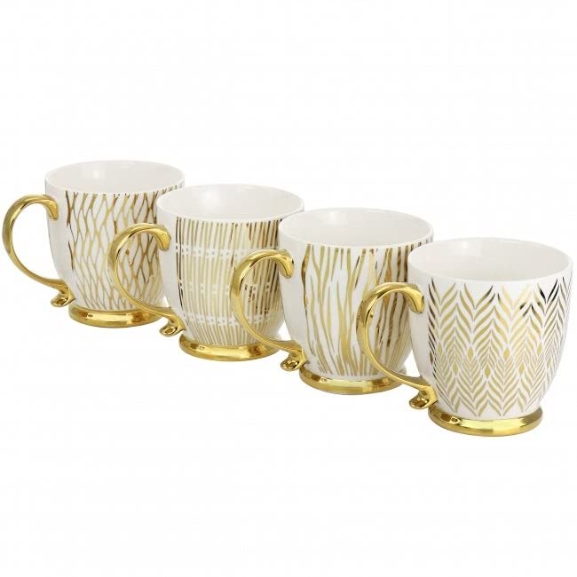 Gold 4 Piece 16.7oz Electroplated Fine Ceramic Mug Set Stripe Formal Round