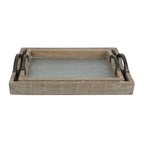 Set of 2 Wood Frame Tray with Galvanized Base and Cast Iron Handles Brown Grey