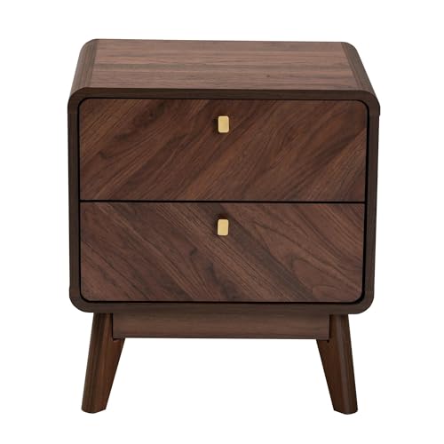 Mid-Century Transitional Walnut Brown Finished Wood 2-Drawer Nightstand Bohemian