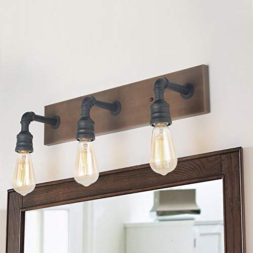 Farmhouse 3-Lights Black and Faux Wood Bathroom Vanity Wall Lighting Sconce -