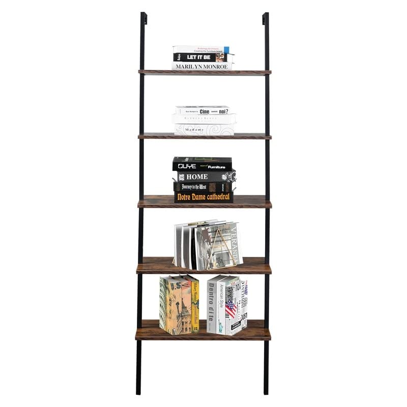 Wall Mounted Bookcase 5-Tier Open Ladder Shelf Bookshelf Brown Modern