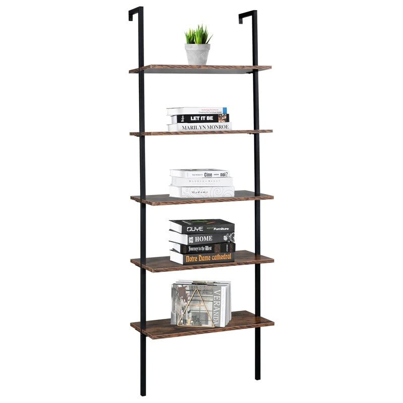 Wall Mounted Bookcase 5-Tier Open Ladder Shelf Bookshelf Brown Modern