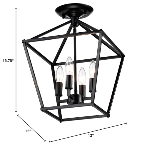 Matte Black 4-light 12 in. Cage Lantern Farmhouse Semi-flush Mount Metal