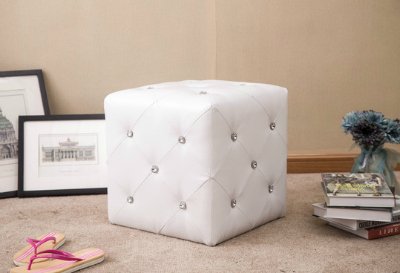 Ottoman Cube Chair White Modern Elegant Stool with Crystal Accents