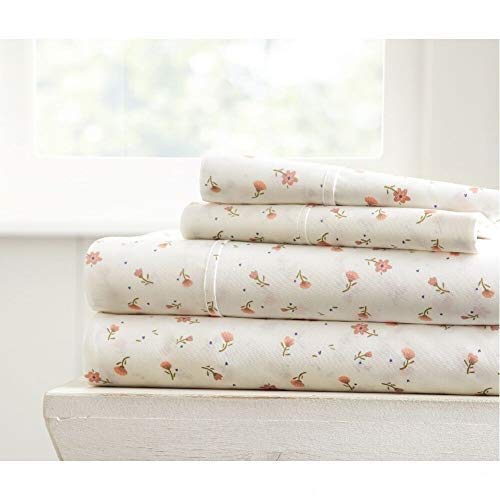 4 Piece Pink Green Flower Pattern Sheet Queen Set Cream White Floral Theme Queen - soft floral-pink