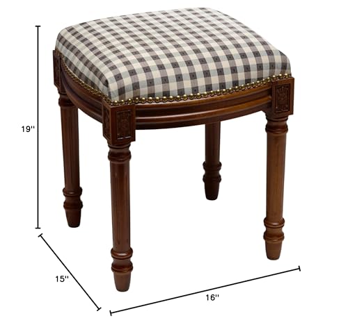 Black Gingham Vanity Stool Plaid Rubberwood Chestnut Finish