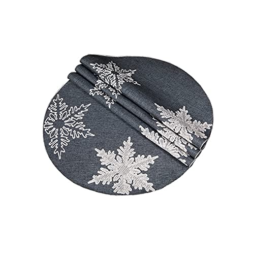 Snowflake Embroidered Christmas Round Placemats 16-inch Set of 4 Grey Polyester