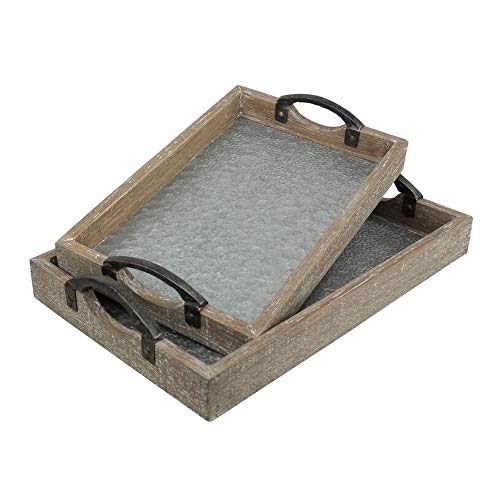 Set of 2 Wood Frame Tray with Galvanized Base and Cast Iron Handles Brown Grey