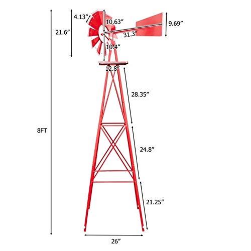 8ft Weather Resistant Yard Garden Windmill Red Country Iron - Diamond Home USA