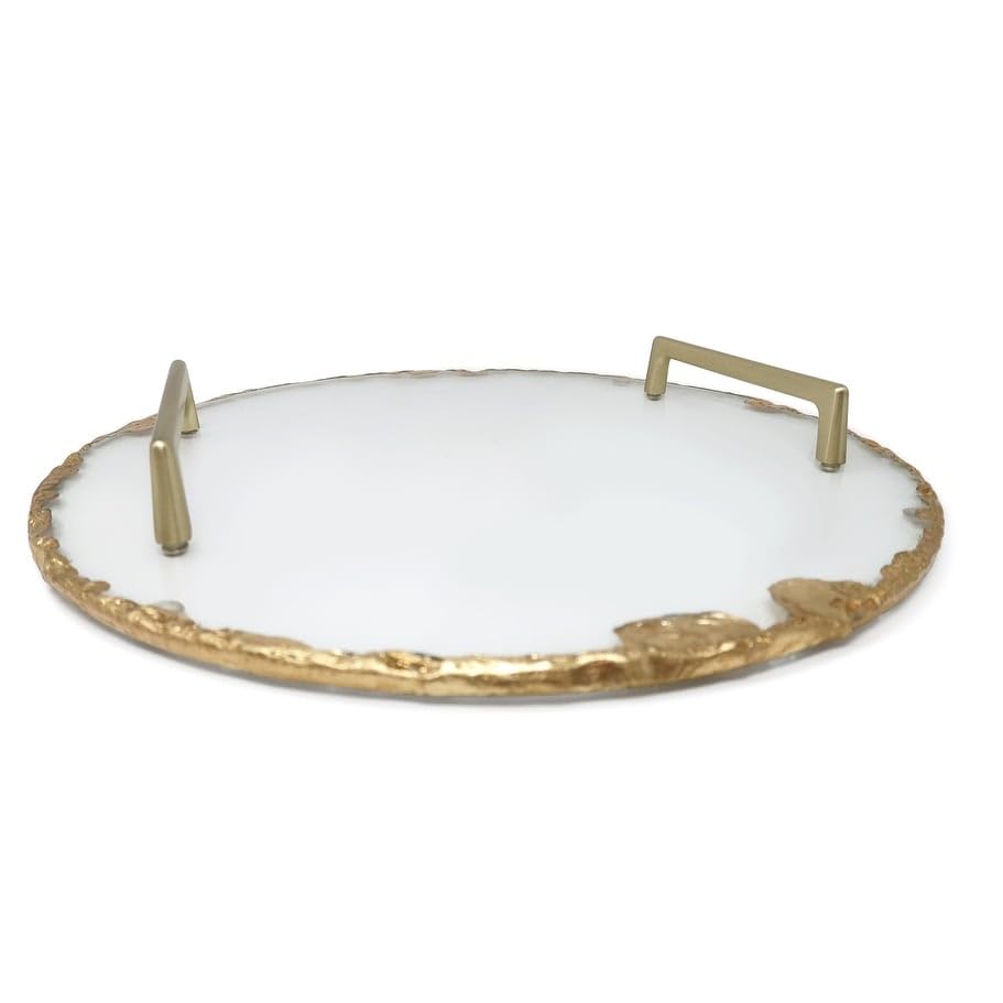 Round Glass Tray with Gold Rim and Handles-13 d 13" d