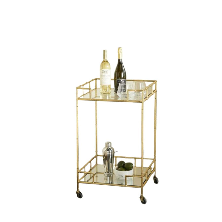 Urban Designs 7727556 Gold Leaf 2-Shelf Square Metal Mirror Mobile bar Cart Gold