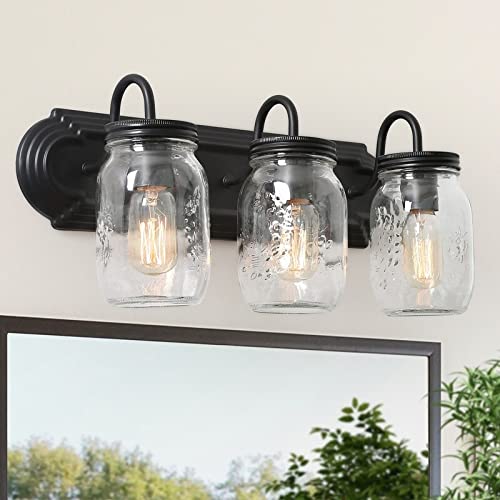 Farmhouse Bathroom 3-light Black Vanity Light Fixture with Mason Jar 19" l X