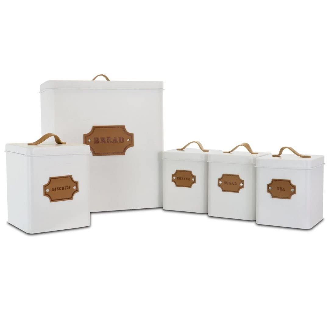 Kitchen Food Storage And Organization 5 Piece Canister Set In White Metal