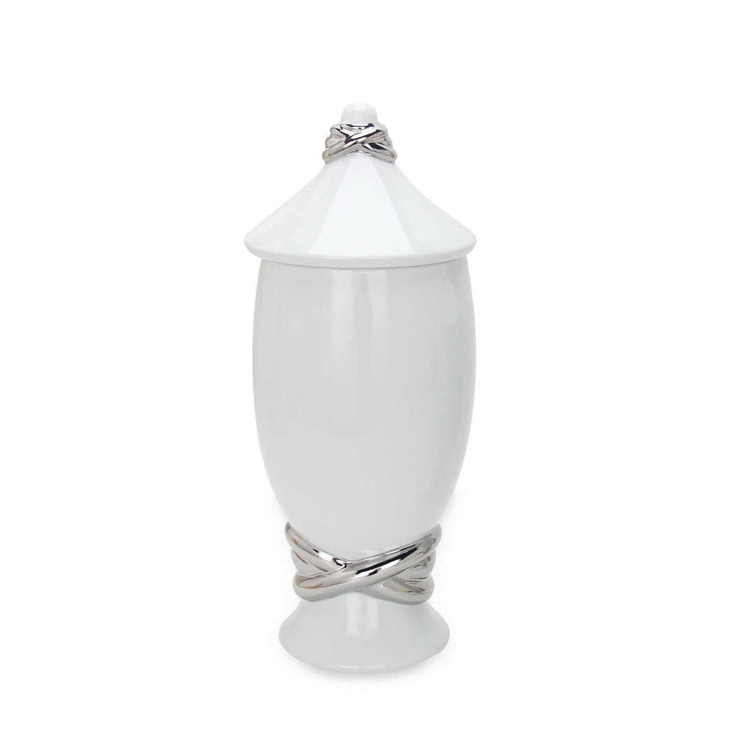 White Ceramic Decorative Ginger Jar Vase with Silver Accent Multi Color