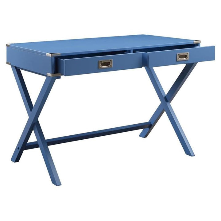 Acme Amenia Wooden Rectangular 2-Drawer Writing Desk with X-Shaped Base in Blue - Diamond Home USA