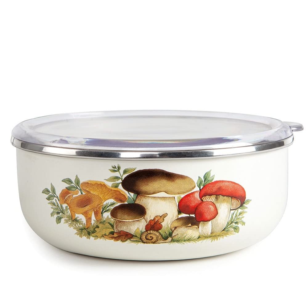 Set Of 2 Mushrooms Enamel Storage Bowl W/Lid Multi Color White Garden Piece