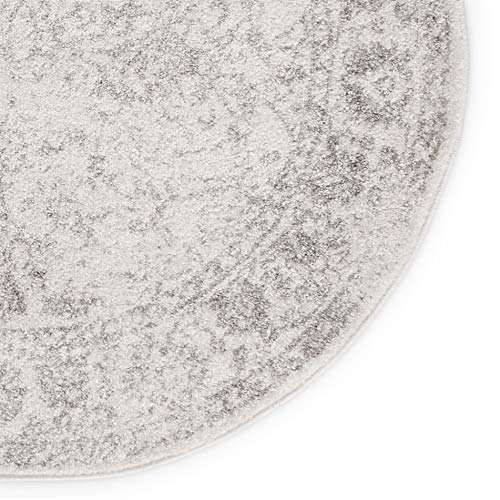 Distressed Style Circular Rug 4'0" Indoor Neutral Ivory Silver Oriental