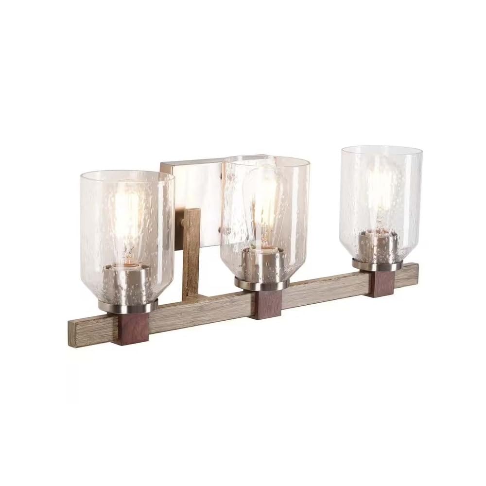 27" w 3-light Bath Vanity Light Fixture; Brushed Nickel Walnut Wood Accents