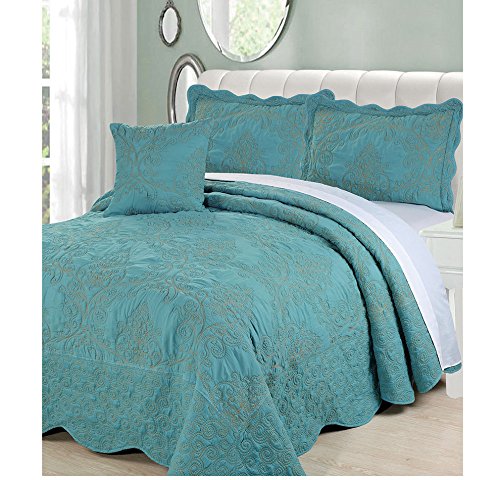 AD 4 Piece Teal Blue Queen Bedspread Set Floral Themed Bedding Stylish Vintage - Diamond Home USA