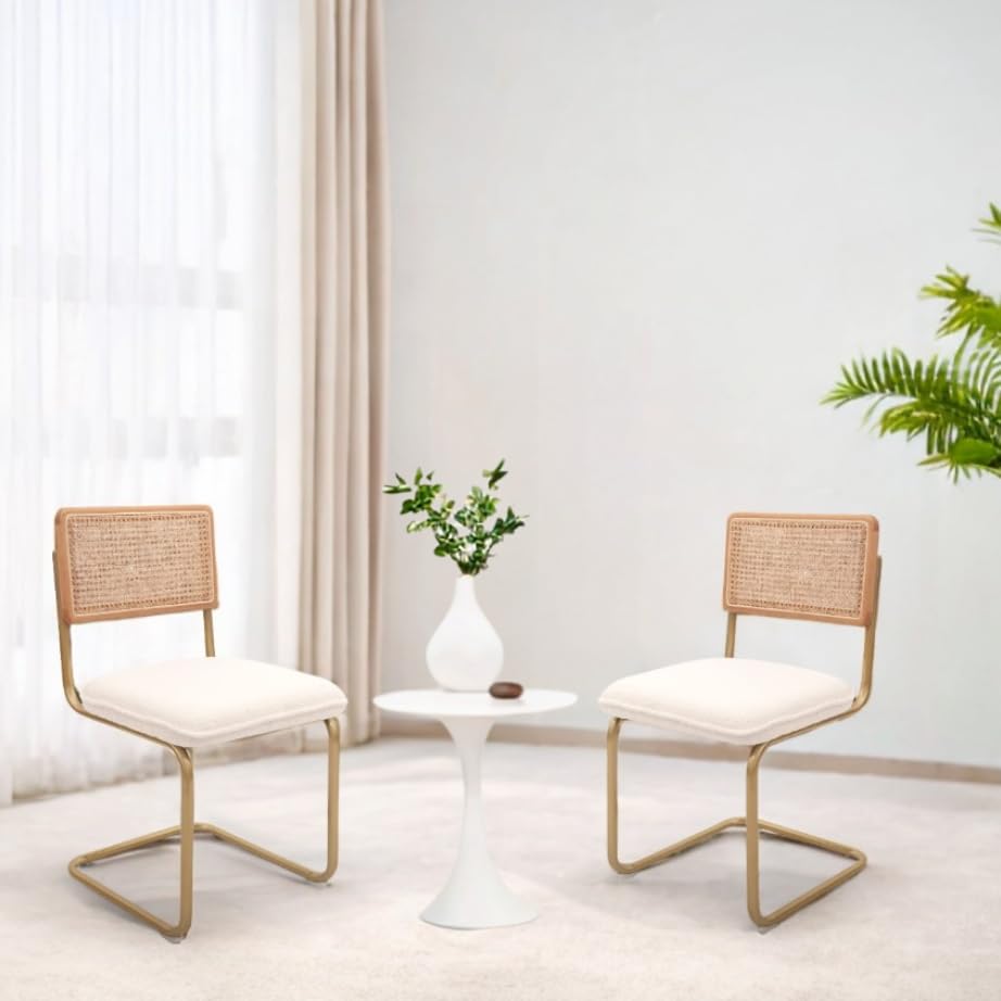 CangLong Mid-Century Modern Rattan Chairs Upholstered Fleece Seat Armless Chairs White