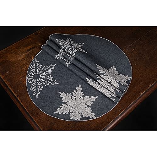 Snowflake Embroidered Christmas Round Placemats 16-inch Set of 4 Grey Polyester