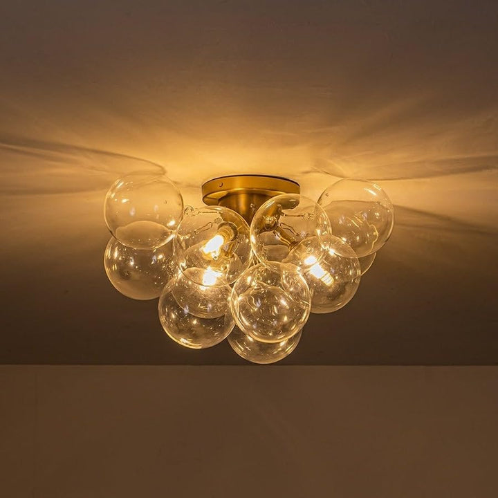 3-Light Clear Glass Globe Bubble Semi Flush Chandelier Brass 18in Gold - Diamond Home USA