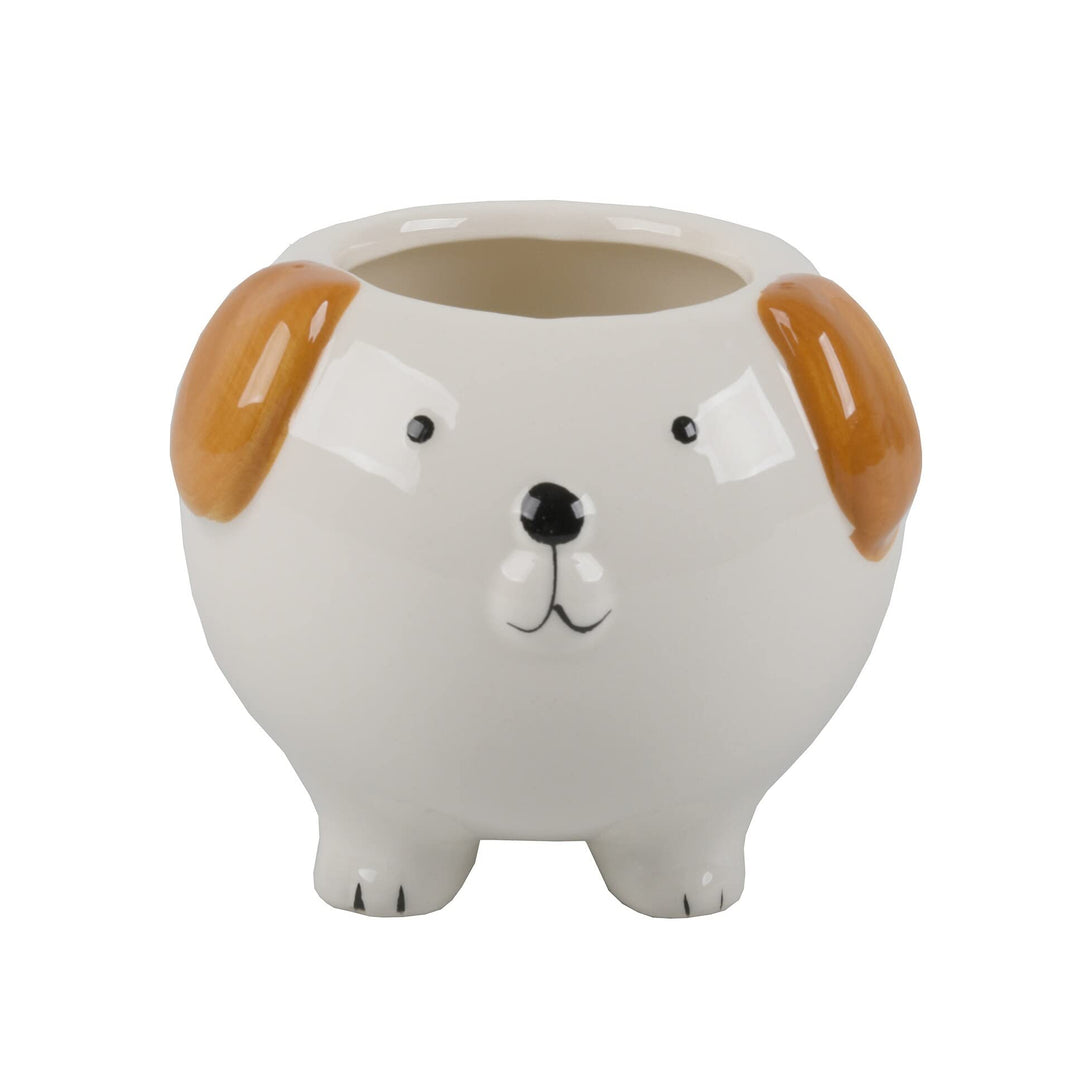 4" Brown Dog Ceramic Empty Planter White Classic Handmade