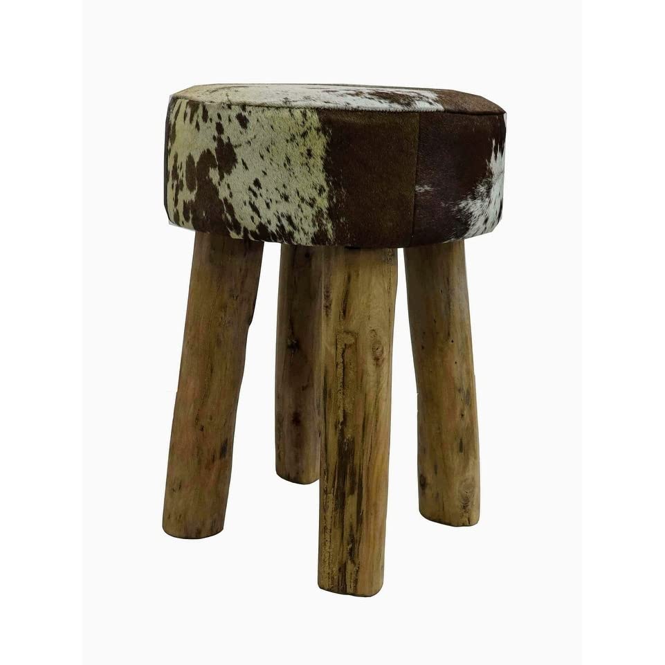 Round Stool in Brown White w Hide with Wood Legs Multi lor Rustic Pattern