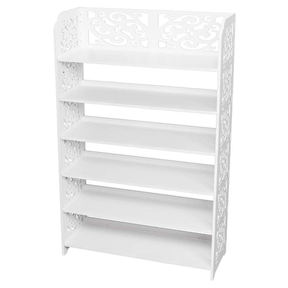 6 Tier Carved Storage Organizer Standing Shoe Rack Shelf Cabinet White Wood - Diamond Home USA