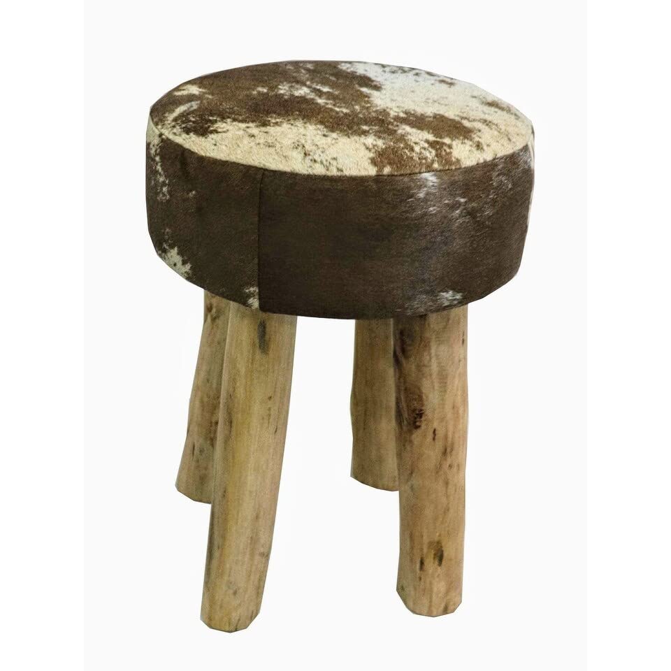 Round Stool in Brown White w Hide with Wood Legs Multi lor Rustic Pattern