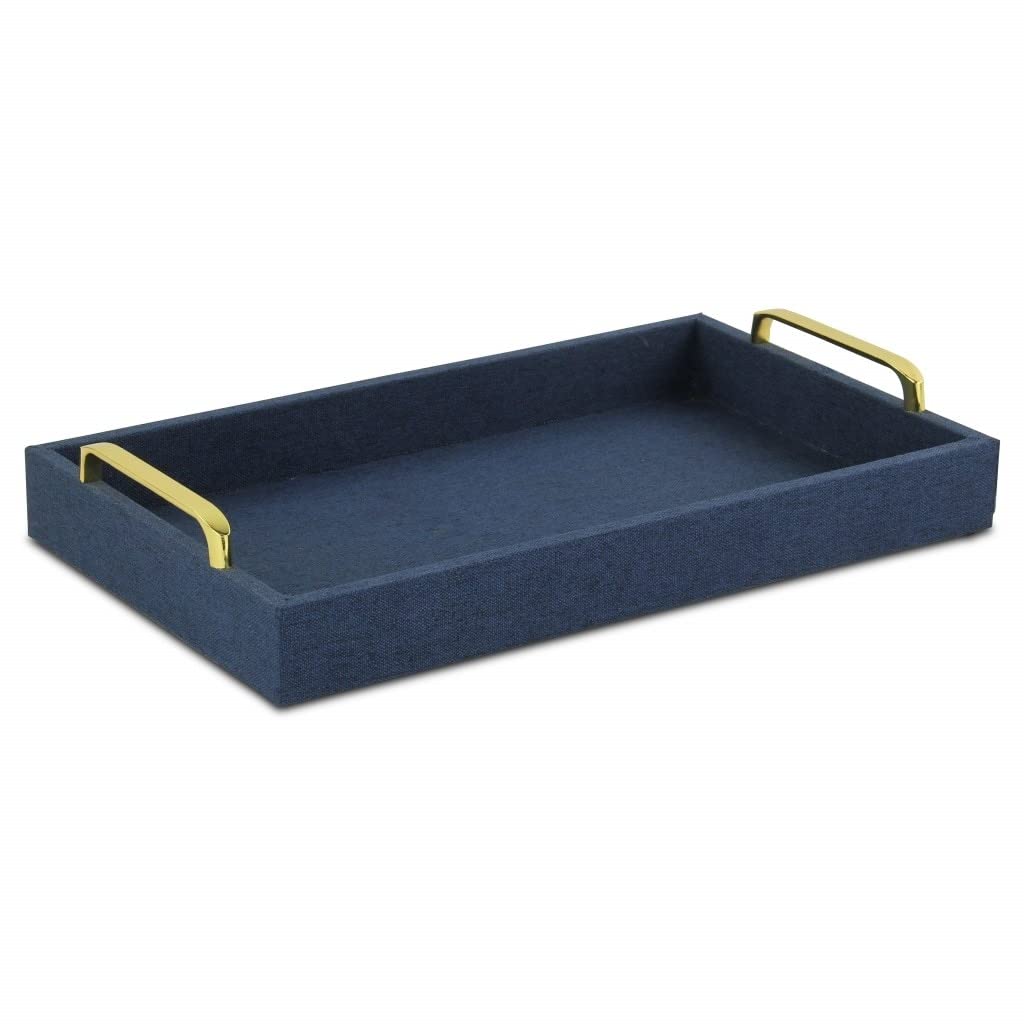 Navy Blue Linen and Wooden Tray 18 W X 14 D 7 H Rectangle Wood Medium