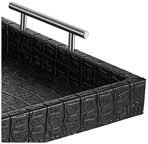 American Atelier Alligator Leather Serving Tray with Metal Handles Black Large - Diamond Home USA