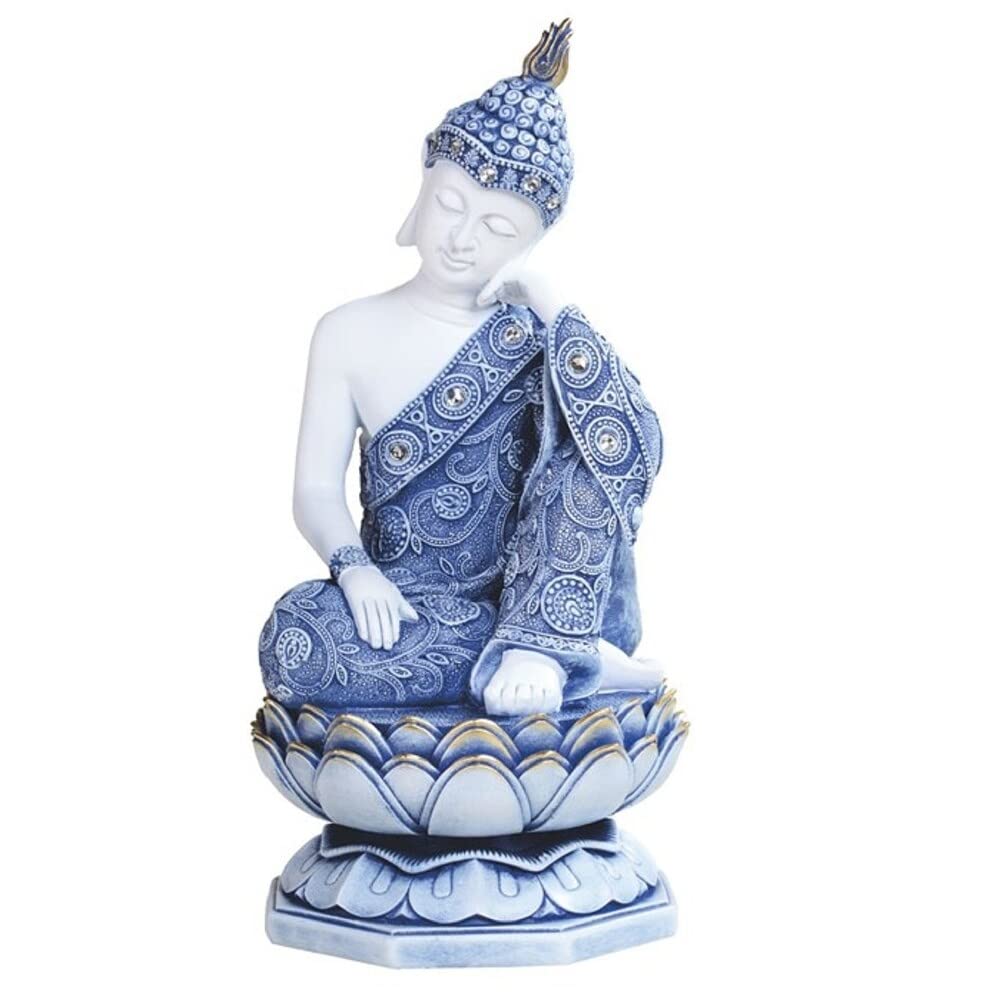 11" h Blue and White Thai Buddha On Lotus Seat Statue Decoration Religious