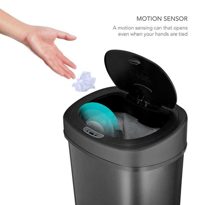 Oval Motion Sensor Trash Can 13.2 Gallon Black Stainless Steel Plastic